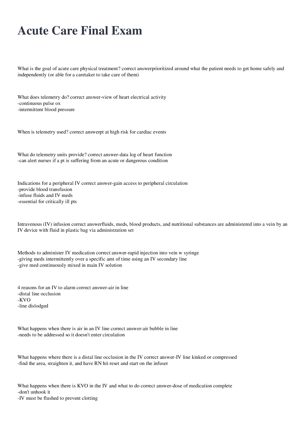 Preview image for Acute Care Final Exam 2022/2023 with 100% correct answers